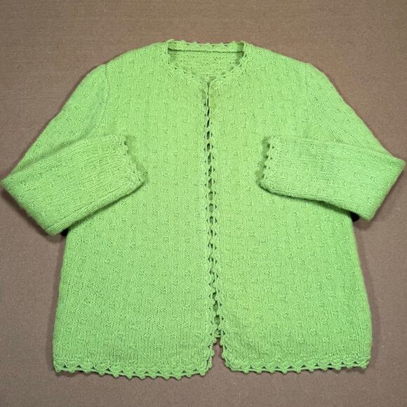Vintage Lime Green Knit Cardigan Sweater Scalloped Edge Open Front Women’s M - Picture 2 of 8
